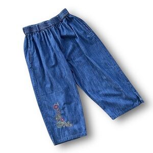 Vintage Blue Denim Embroidered Wide-Leg Bottoms